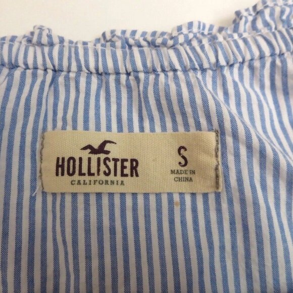 Hollister Womens Ruffle Top Size Small Shirt Blouse Striped Blue & White Bow - Picture 4 of 5